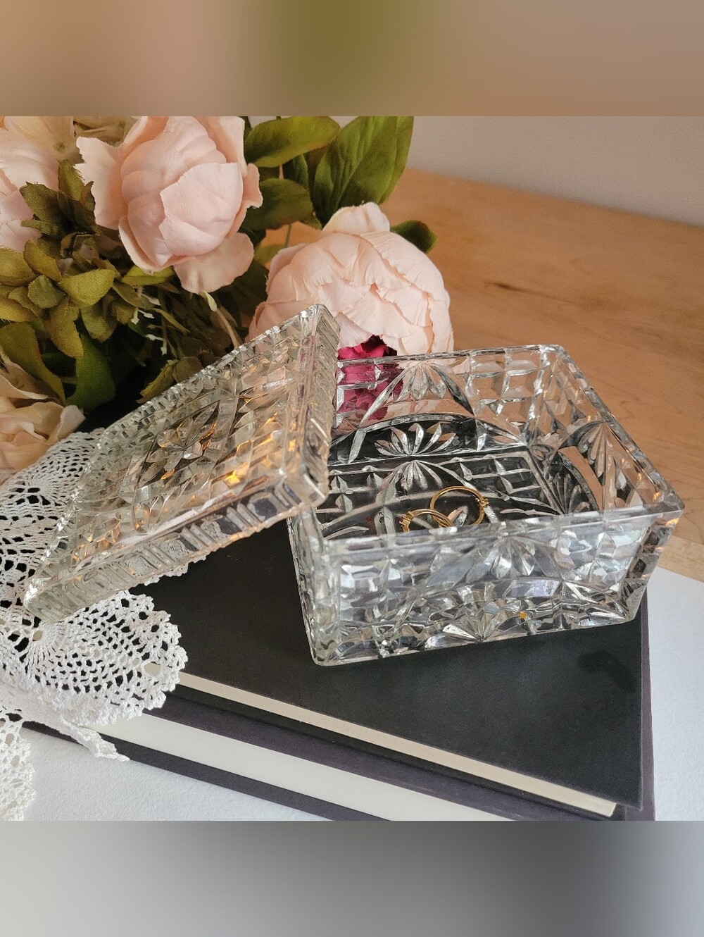 Vintage Pressed Cut Glass Intricate Cut Pattern Clear Trinket Box